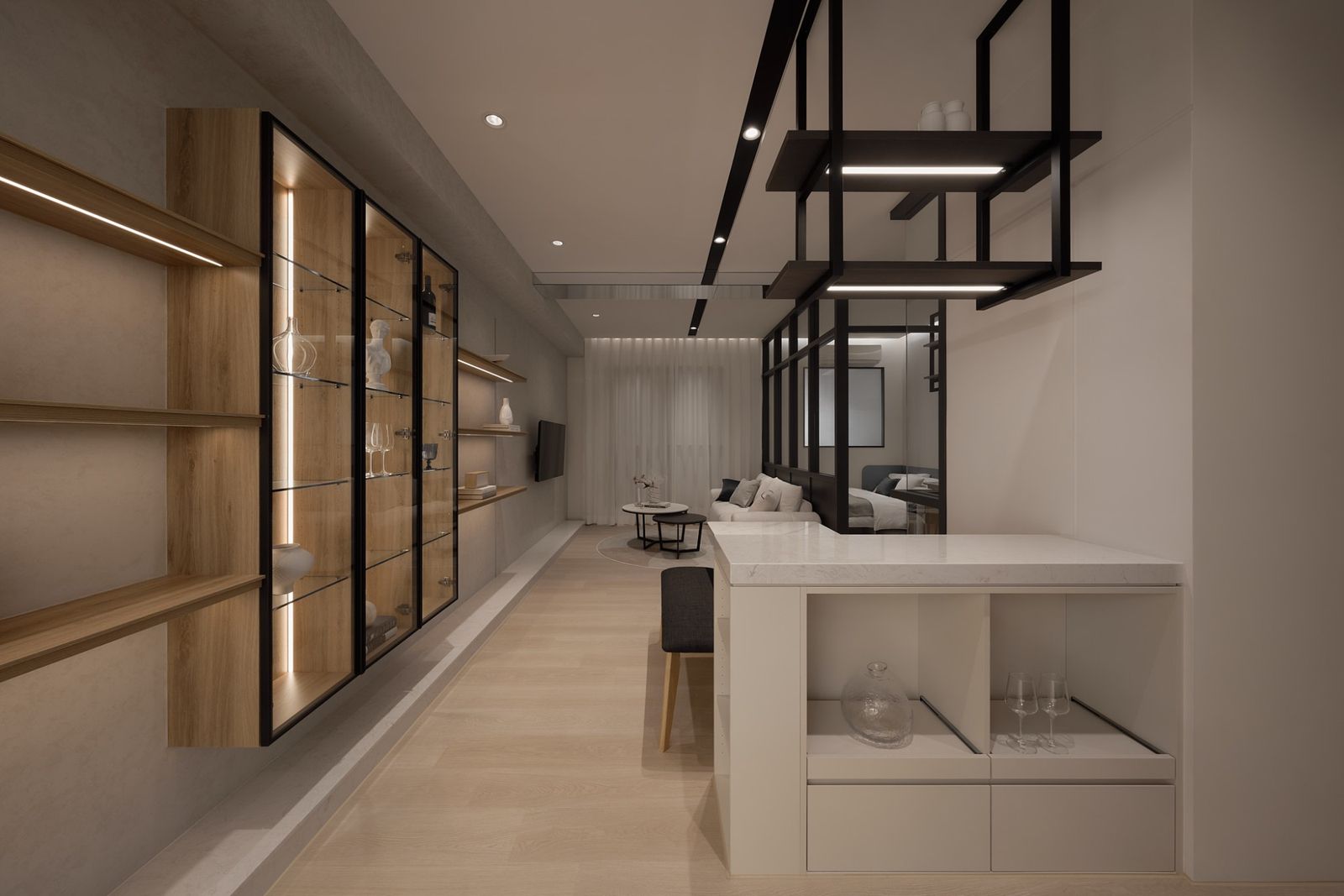 樣品屋實景圖：展示牆與吧檯